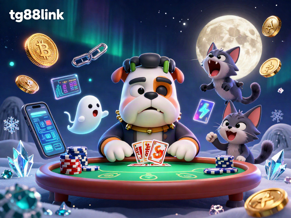Join the fun at tg88link casino, where the cartoon Frankenstein bulldog deals cards amidst thrilling gaming elements.
