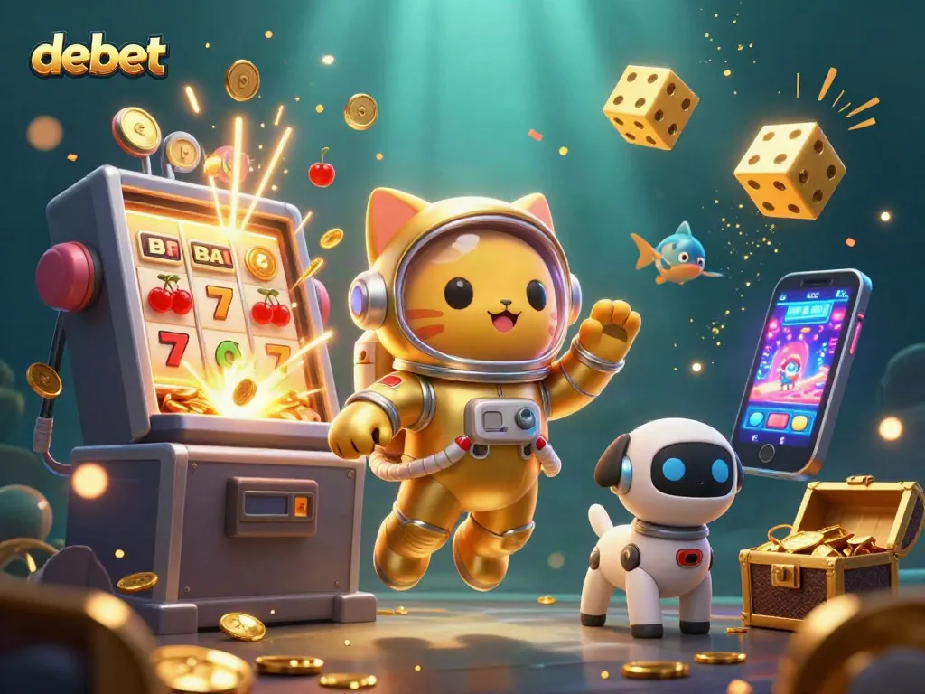 Experience the excitement of debet with a vibrant 3D casino-themed scene full of dynamic symbols and elements.