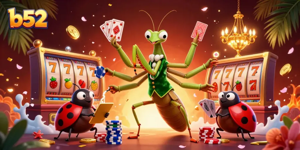 Engage with b52 card gameplay featuring a mantis dealer in a lively casino scene with themed elements.