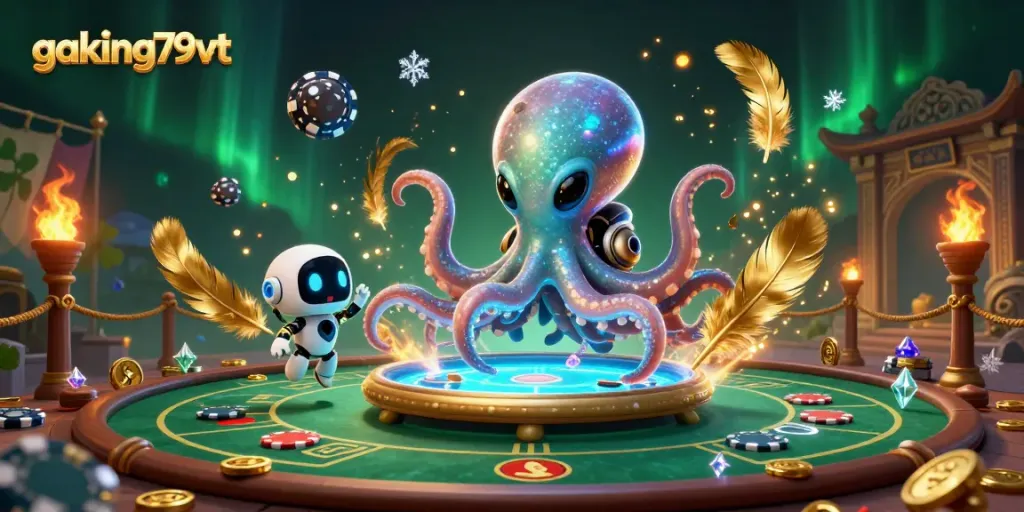 Experience thrilling action at gaking79vt with alien octopus and robot at a holographic poker table.