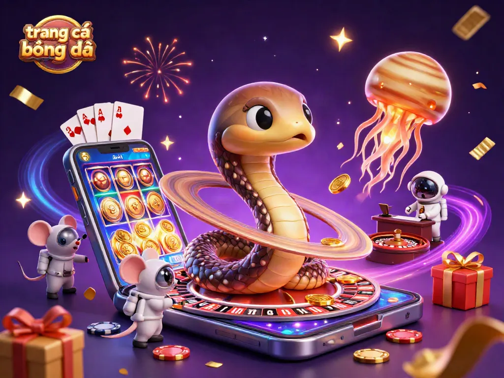 Engage with trang cá cược bóng đá as miniature astronauts bet on roulette rings in a vibrant cosmic casino scene.
