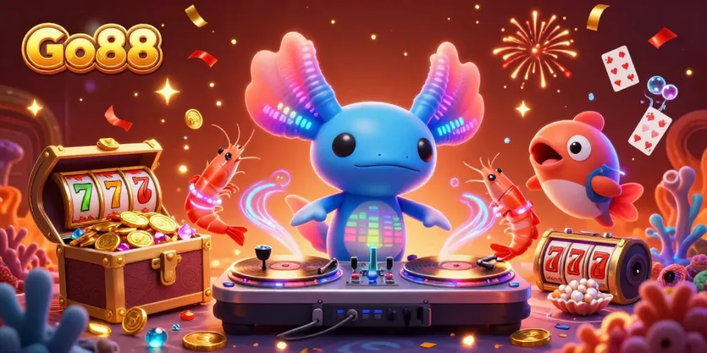 Engage in the Go88 casino experience with a vibrant 3D illustration showcasing colorful characters and dynamic gaming elements.