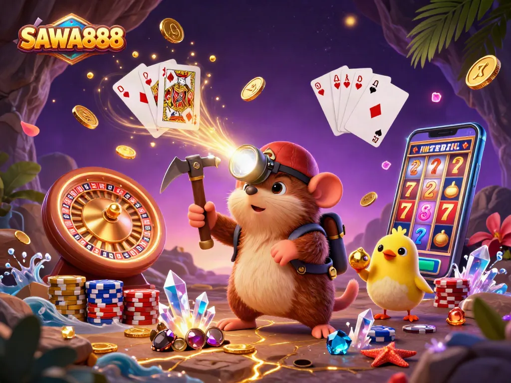 SAWA888 illustrates a cartoon treasure hunter and canary amidst vibrant casino elements.