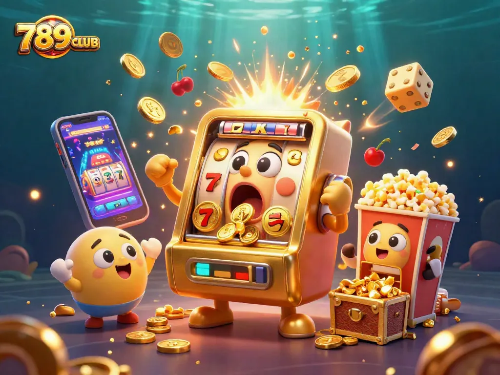 Catch 789CLUB's excitement as a golden slot machine hits the jackpot, coins bursting everywhere!