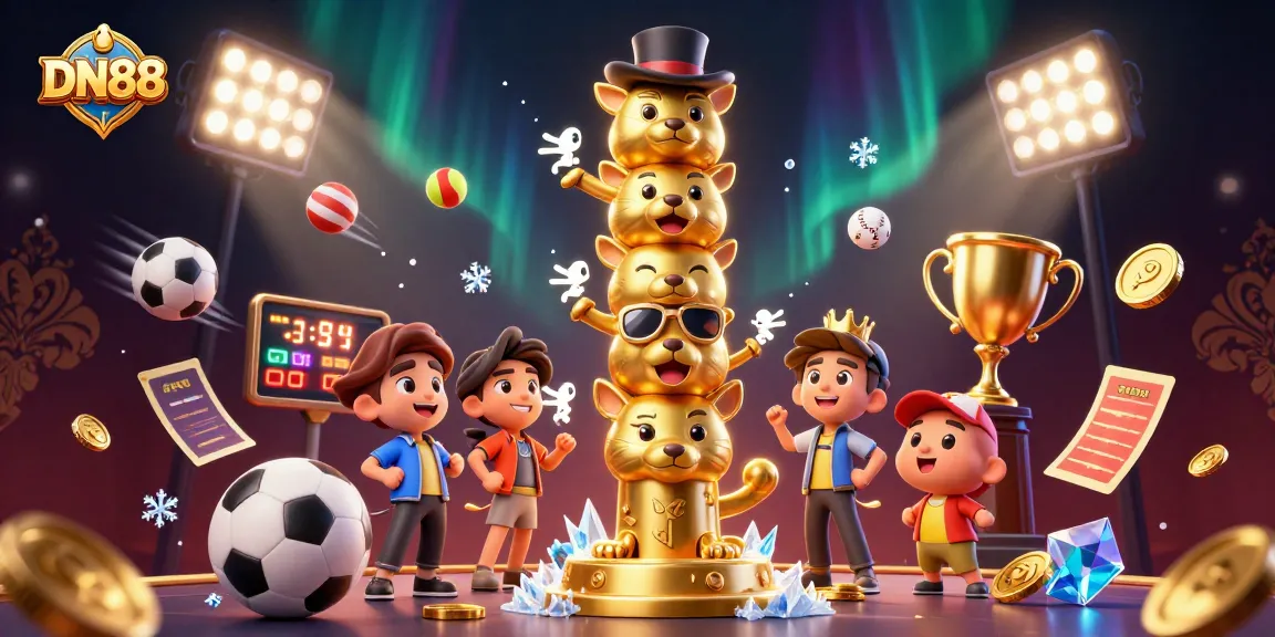 Experience DN88 with a vibrant 3D casino illustration showcasing dynamic sports elements and a golden totem.