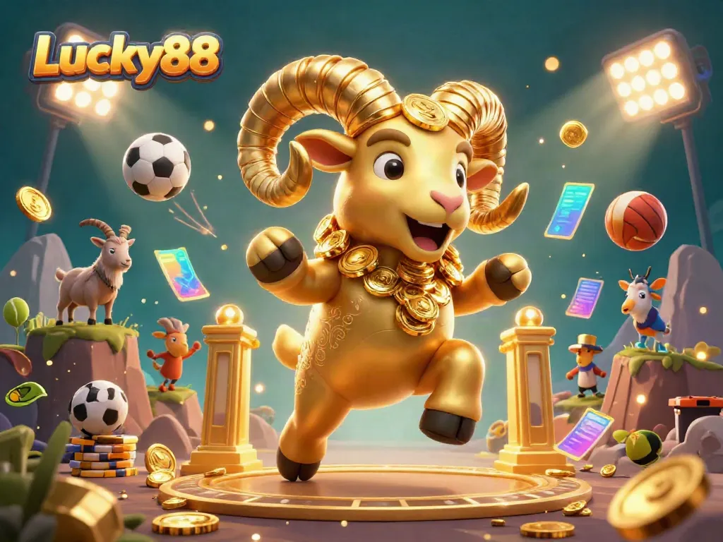 Experience the excitement of Lucky88 with vibrant gold ram, sports elements, and dynamic scene