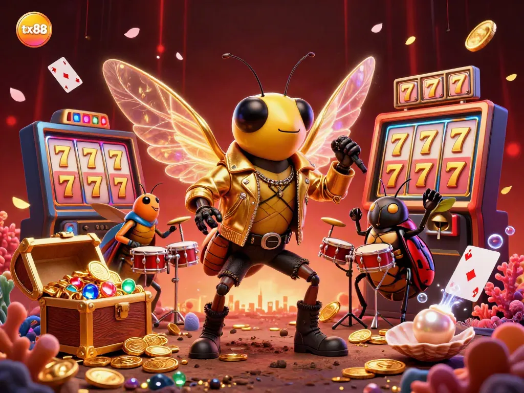 Engage with the exciting tx88 casino world through a vibrant 3D illustration showcasing lively elements.