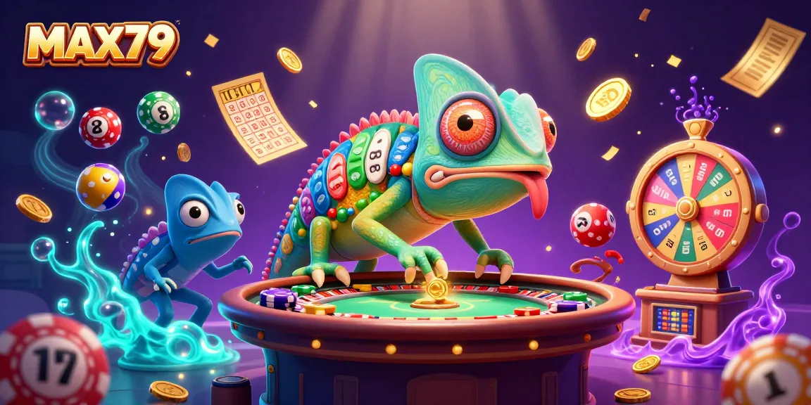 MAX79 chameleon casino owner snatching coins amidst vibrant gambling excitement.