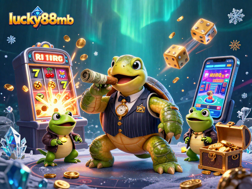 Experience the thrill of lucky88mb with a whimsical illustration of a snapping turtle in a casino scene.