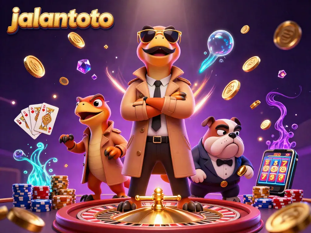 Experience excitement at jalantoto with a 3D illustration of raptors in disguise entering a VIP casino lounge.