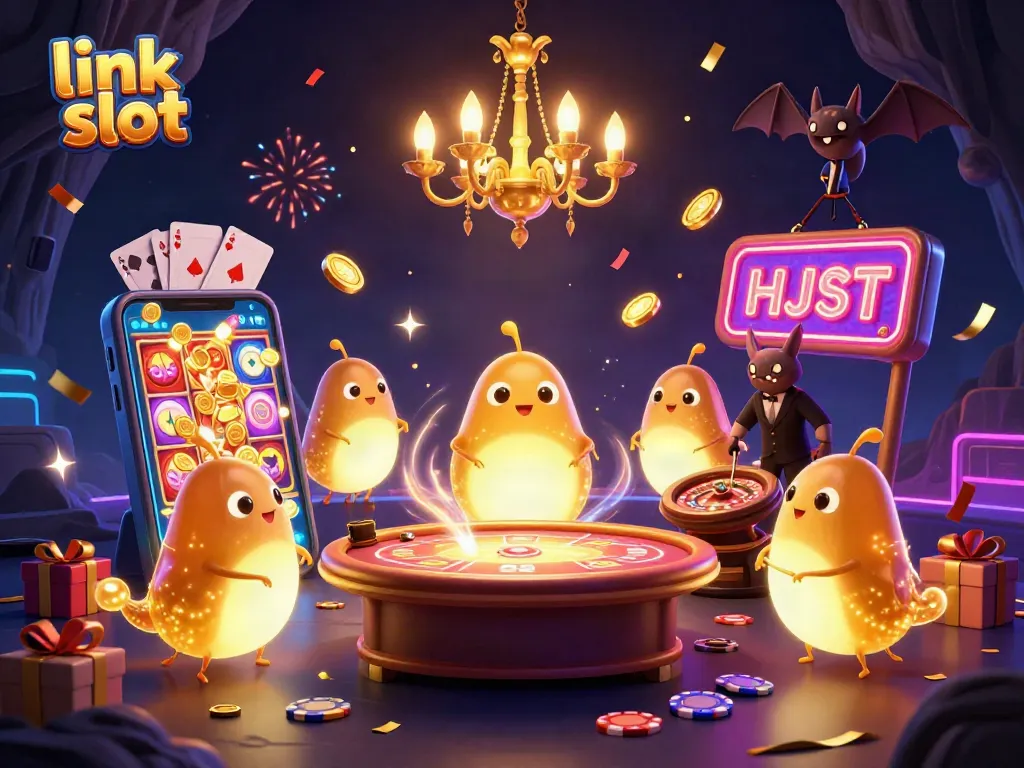 Engage with the thrilling link slot experience in a vibrant casino setting illuminated by a team of glowworms.