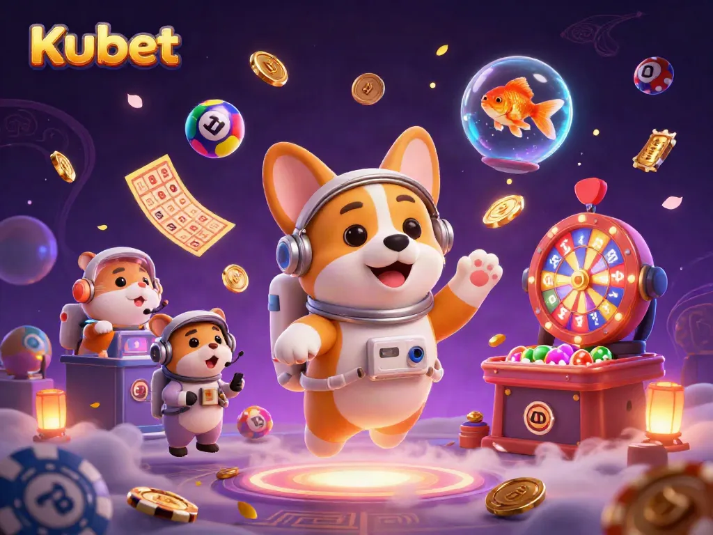 Kubet casino scene with a floating dog and lottery elements capturing excitement in outer space.