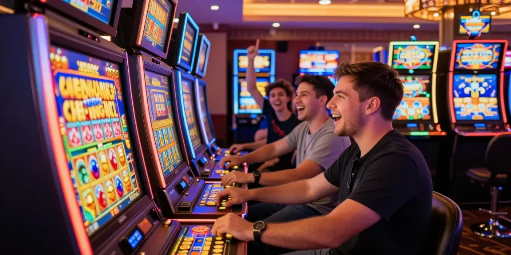Player enjoying a vibrant slot machine experience in a lively casino, showcasing the excitement of gaming.
