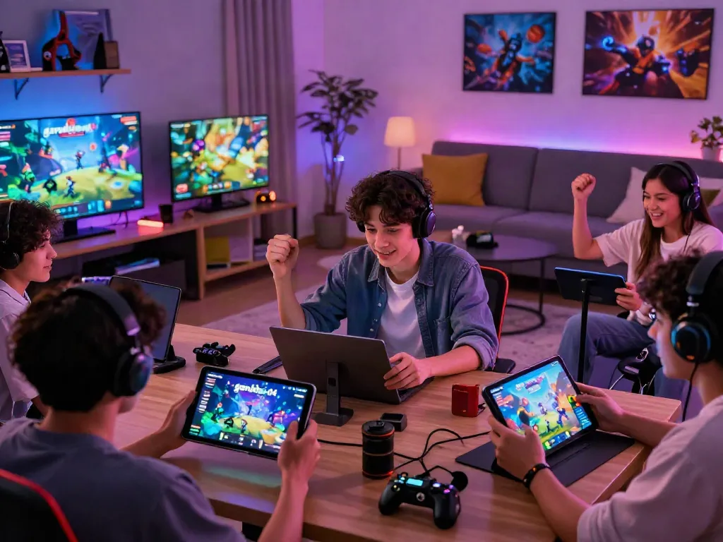 Dynamic users enjoying garuda 404 digital gaming platform in a colorful living room.