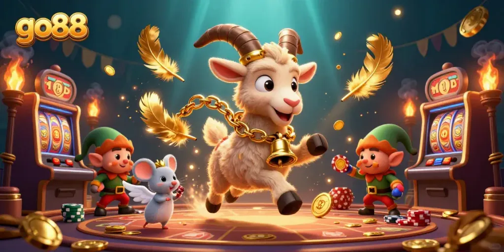 Experience go88's lively casino scene with whimsical characters in a vibrant setting.