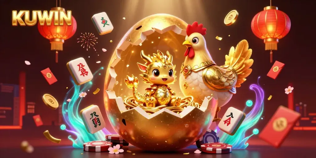 KUWIN showcases a golden baby dragon on poker chips amidst dazzling casino elements, capturing excitement.