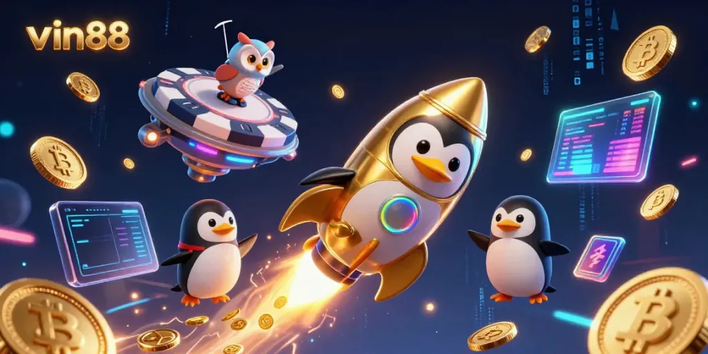 Experience the excitement of vin88 with a golden penguin racing through a dynamic casino galaxy.